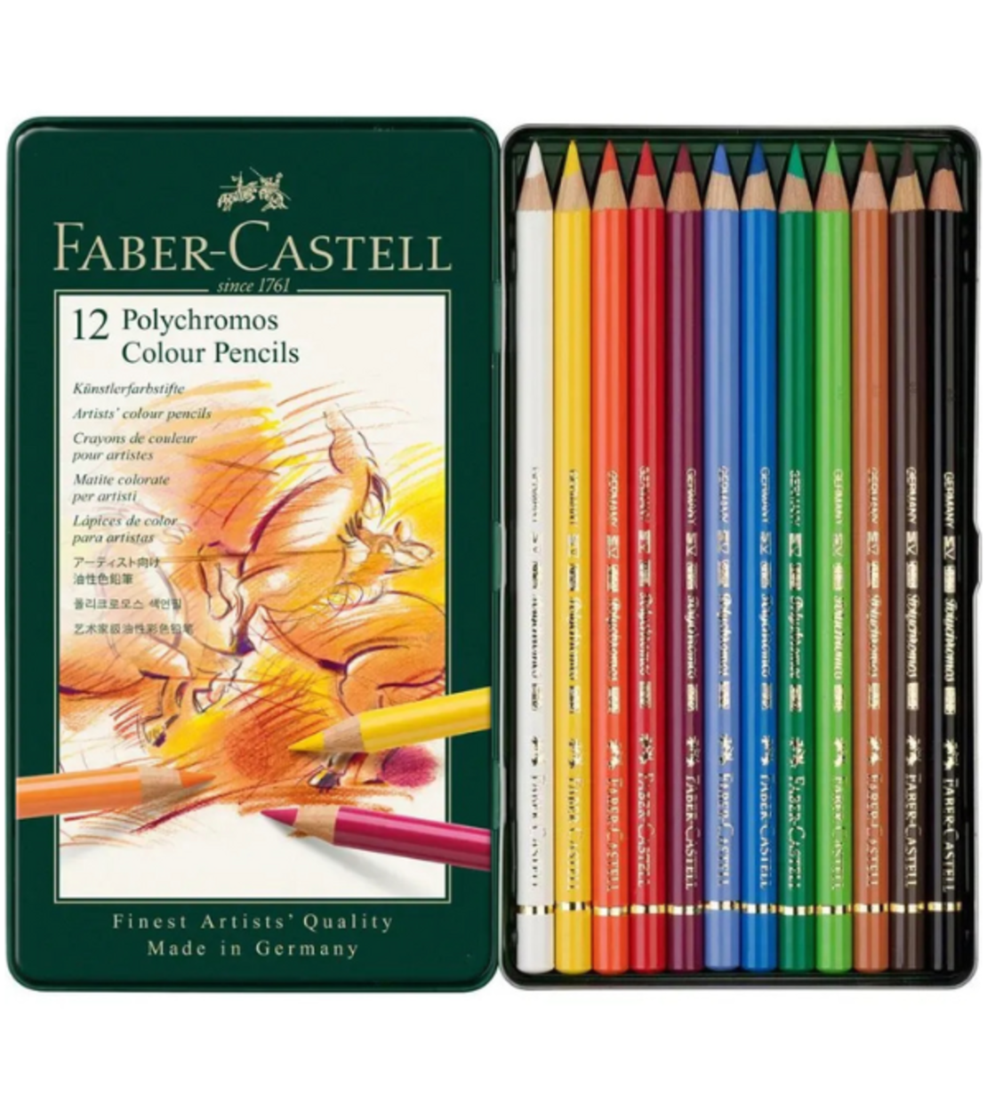 סט עפרונות צבע על בסיס שמן קופסת פח – 12 עפרונות Faber-Castell Polychromos
