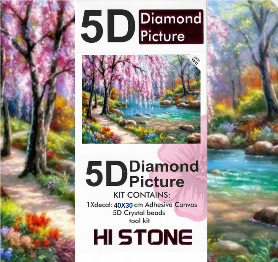 ערכת תמונת יהלומים 5D HI STONE - נחל ציורי ופריחה באביב- 30x40 ס