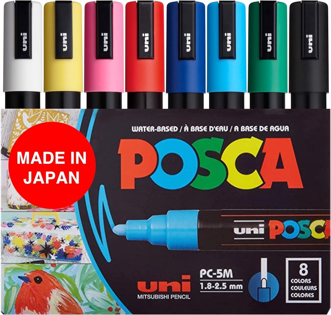סט 8 טושים אקריליים צבעים בסיסיים - Posca PC-5M