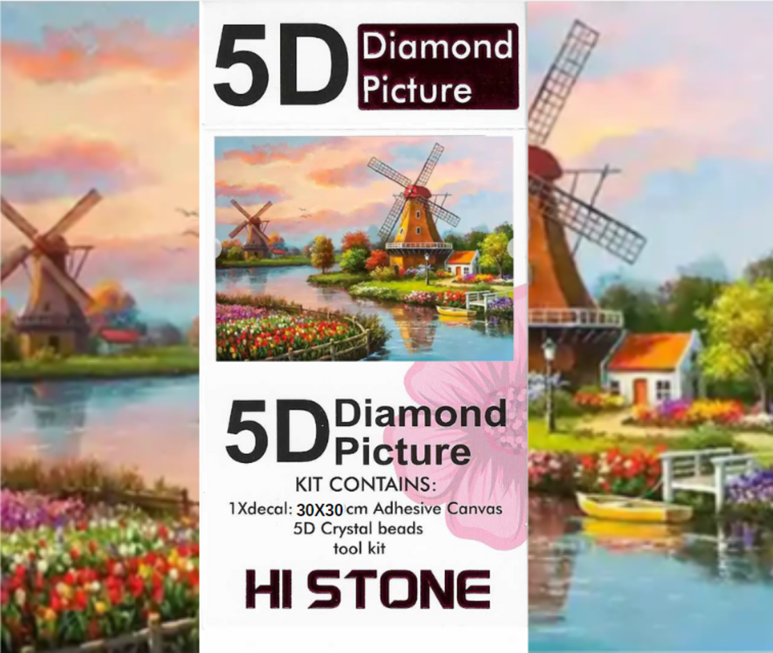 ערכת תמונת יהלומים 5D HI STONE - טחנות רוח ונוף הולנדי - 30x30 ס