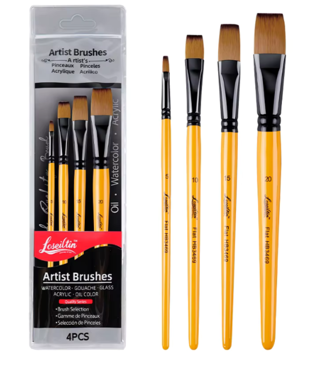 סט 4 מכחולים מקצועיים לציור שטוחים –  Loseilitin Artist Brush Set 4