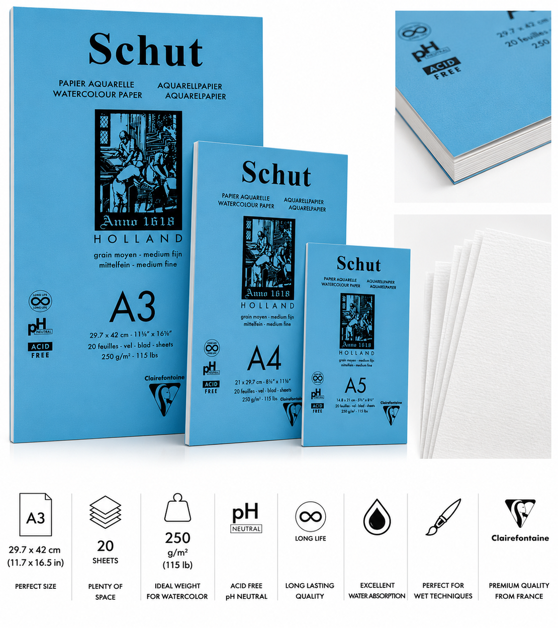 בלוק נייר אקוורל Schut Holland 250 גרם – A3 / A4 / A5