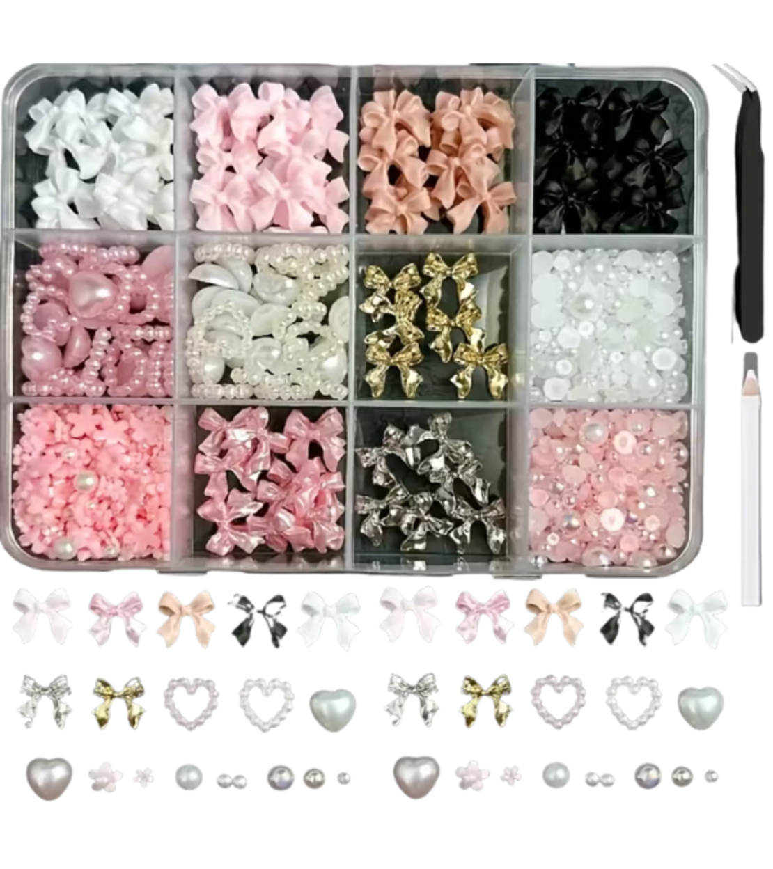 קיט קישוט וצורות – 12 תאים עם אבני פנינים ואלמנטים לעיצוב