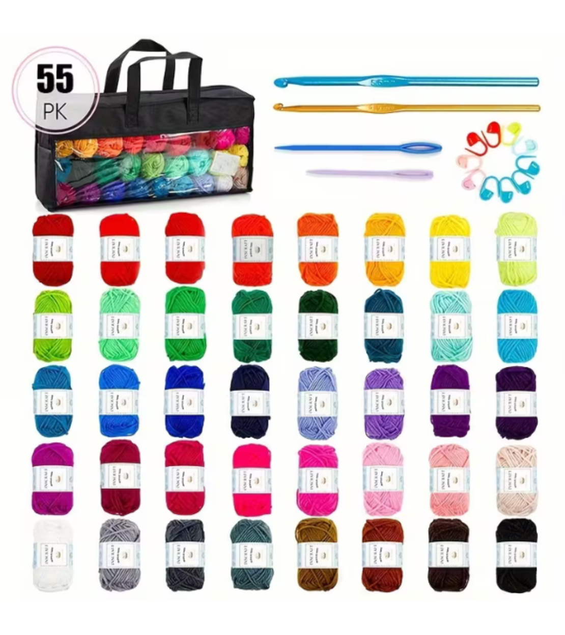 ערכת סריגה וקרושה – 40 גלילי חוט אקריליק צבעוניים + אביזרים