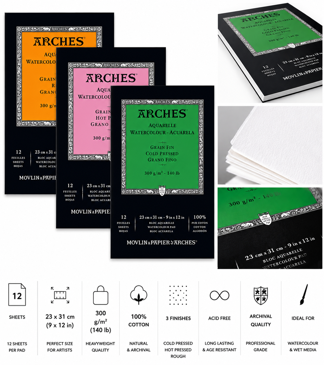 בלוק נייר אקוורל 100% כותנה - Arches Watercolour Pads 300gsm