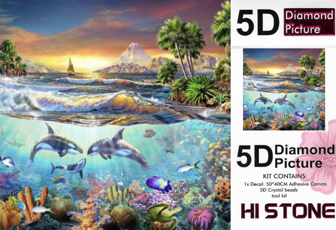 ערכת תמונת יהלומים 5D HI STONE - דולפינים ונוף אוקיינוס - 50x40 ס