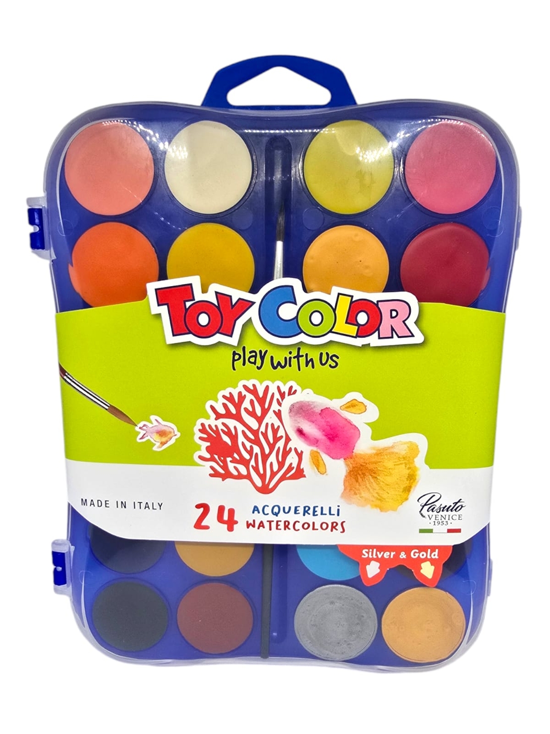ערכת צבעי מים 24 גוונים עם מברשת, כולל כסף וזהב-TOY COLOR