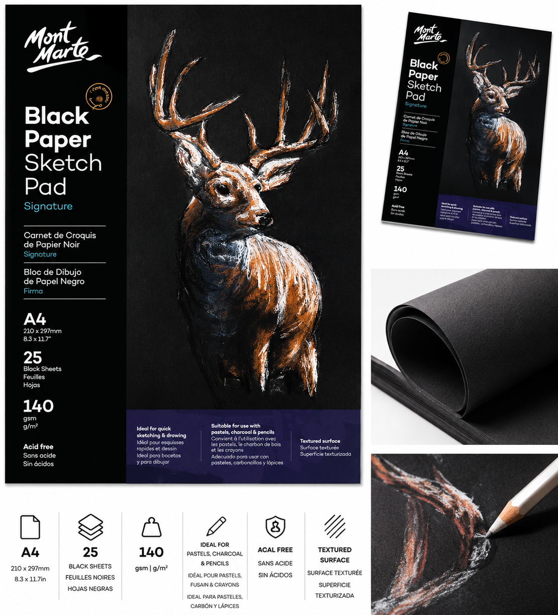בלוק נייר סקיצה שחור 140 גרם 25 דפים Mont Marte Black Paper Sketch Pad Signature A4