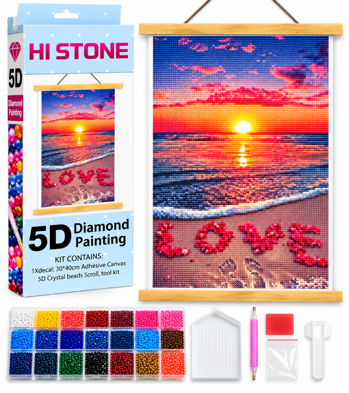 ערכת ציור יהלומים 5D – שקיעה רומנטית בחוף הים LOVE – גודל 30×40 ס״מ – HI STONE