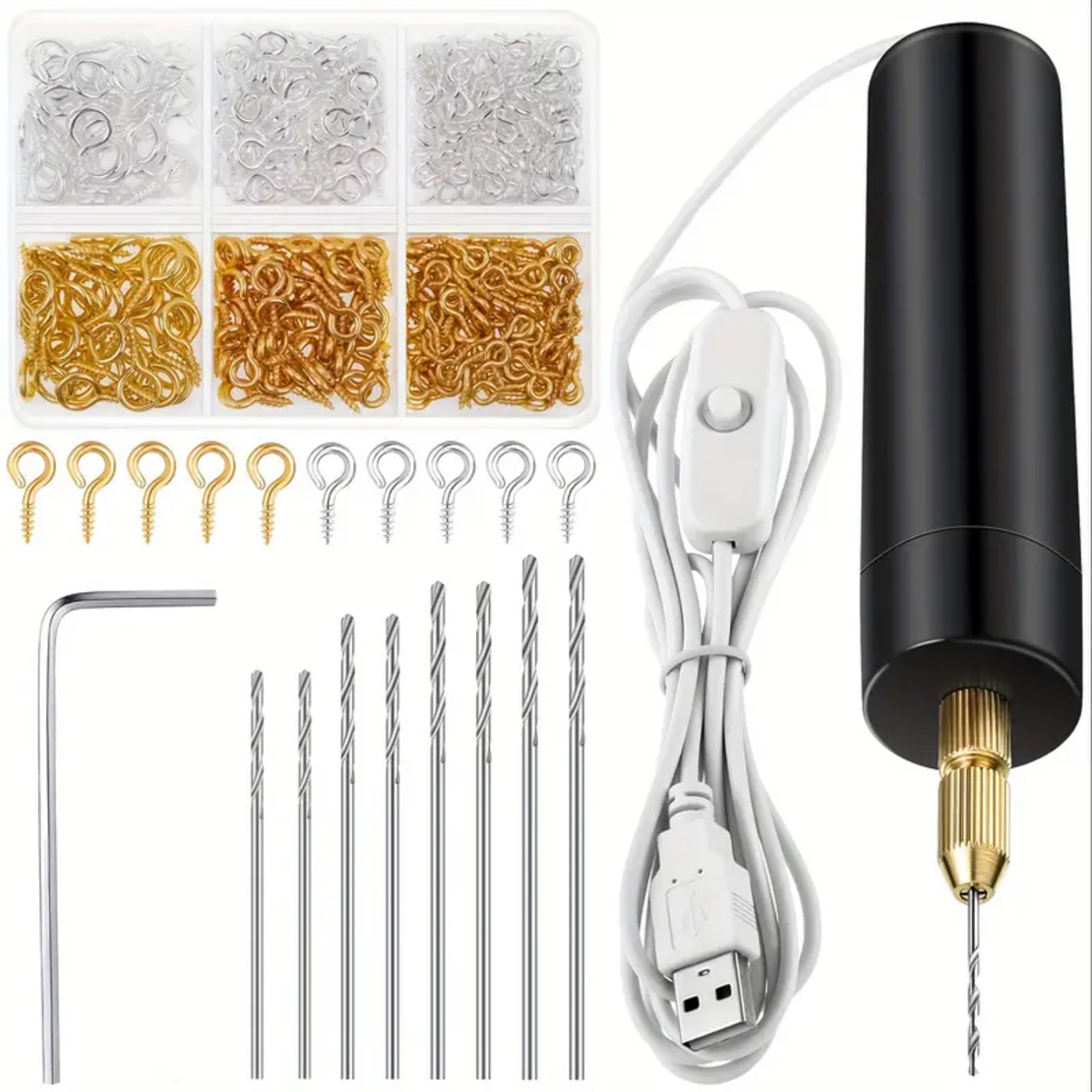 מקדח מיני USB עם סט 400 עיניות הברגה לתכשיטים ויצירה