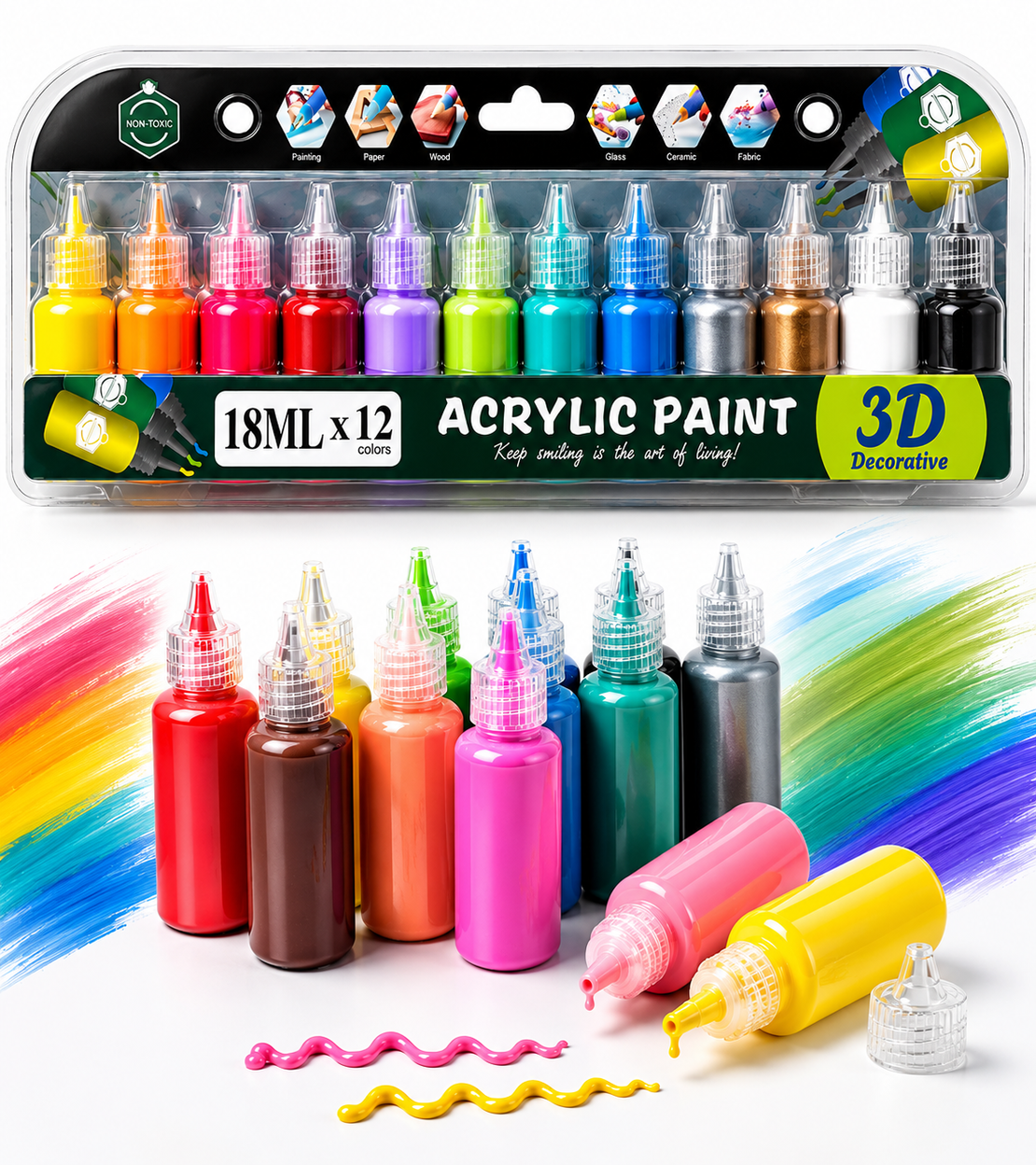 סט צבעי אקריליק תלת מימד 3D – 12 צבעים × 18 מ