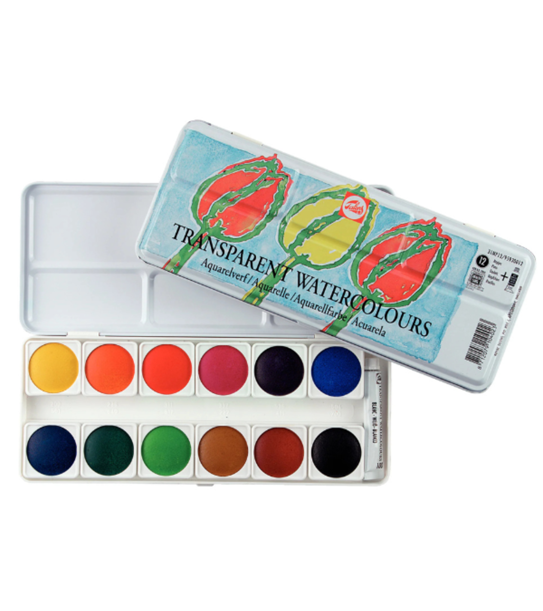 סט צבעי מים שקופים קופסת מתכת 12 צבעים Talens Transparent Watercolors