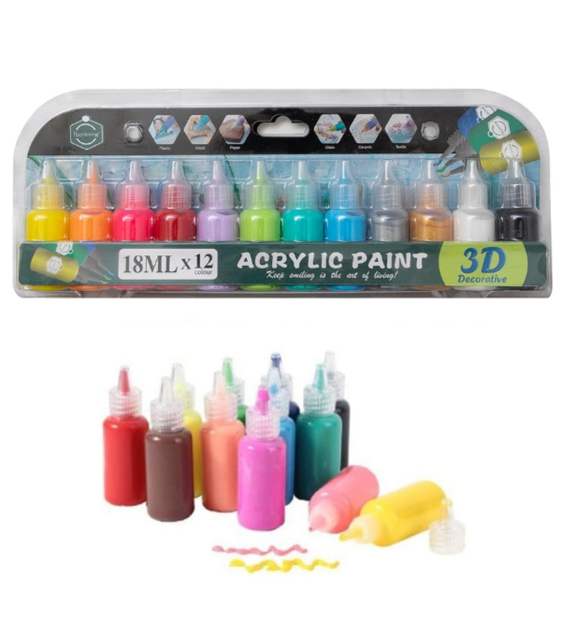 סט צבעי אקריליק תלת מימד 3D – 12 צבעים × 18 מ