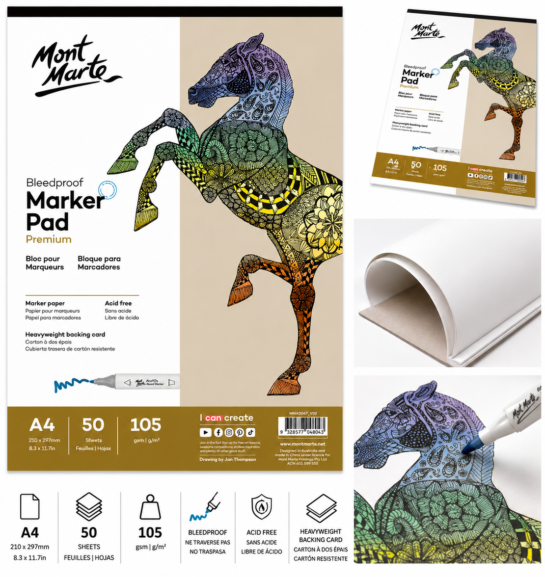 בלוק מרקר פרימיום 50 דפים 105 גרם Mont Marte Bleedproof Marker Pad Premium – A4
