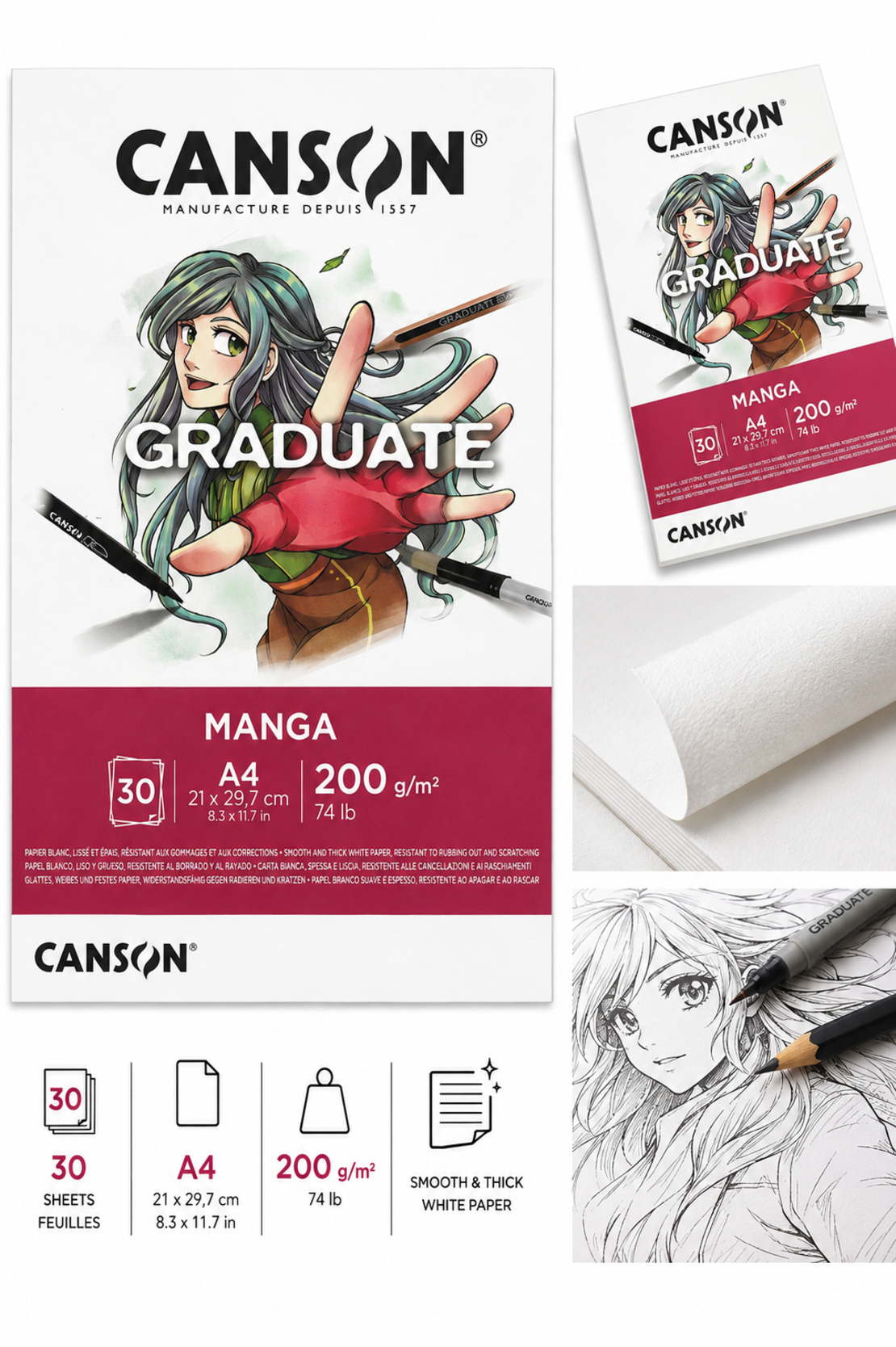 בלוק ציור מנגה 30 דפים 200 גרם - Canson Graduate Manga A4