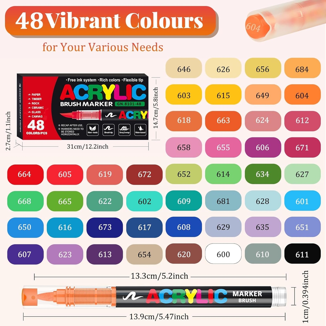 סט טושי אקריליק עם ראש מברשת – 48 צבעים AcrylicBrush-GN8101-48