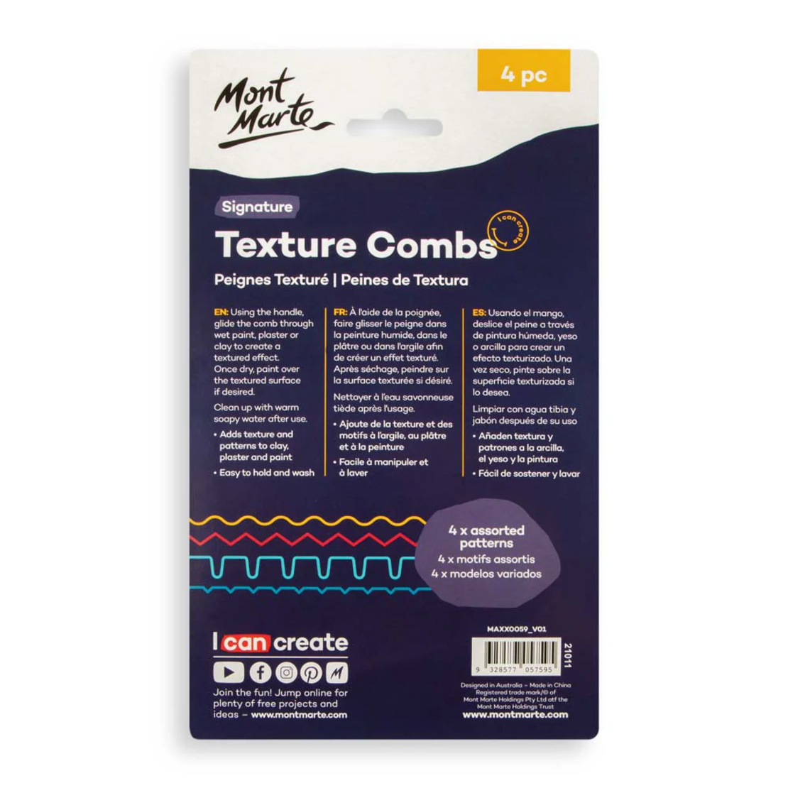 סט מסרקי טקסטורה לחימר, צבע או גבס סט 4 חלקים Mont Marte Texture Combs Signature