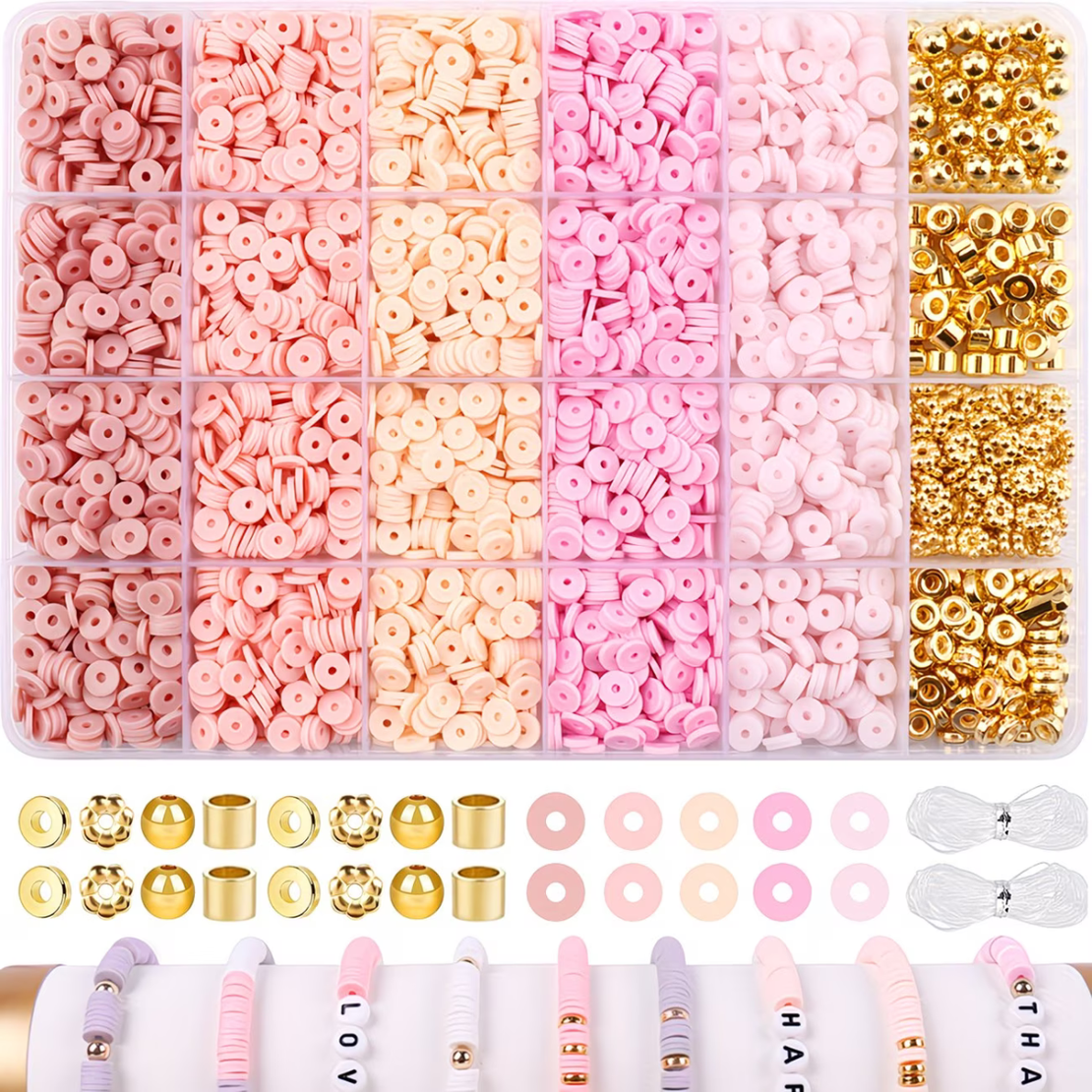 ערכת חרוזי Heishi ורוד פסטל וזהב – Pink Dream Bracelet Collection