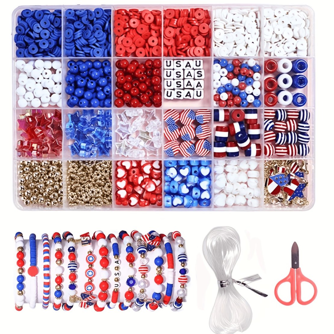 ערכת חרוזים מקצועית להכנת צמידים ותכשיטי DIY – Red Blue White Beads Kit