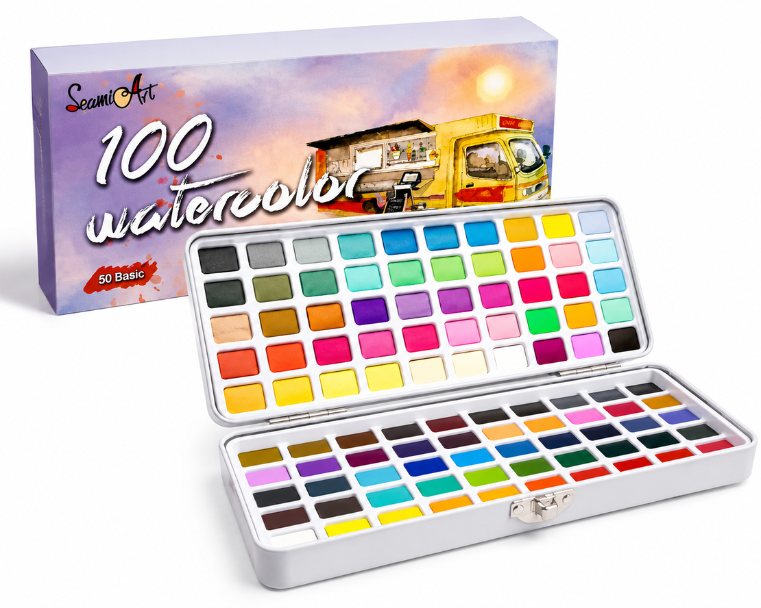 ערכת צבעי מים 100 צבעים במארז מתכת יוקרתי SeamiArt
