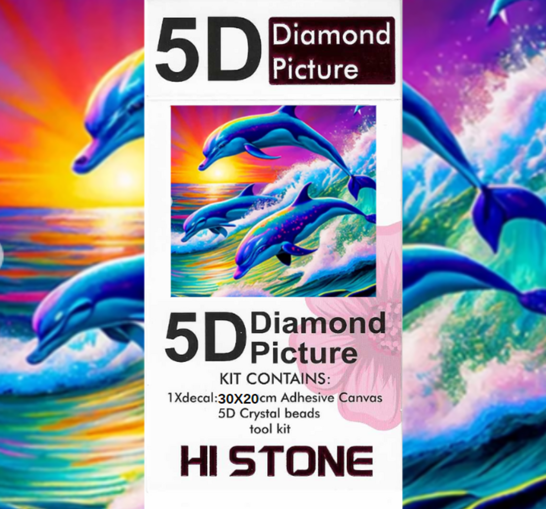 ערכת תמונת יהלומים 5D HI STONE -דולפינים בקפיצה בשקיעה - 30x20 ס