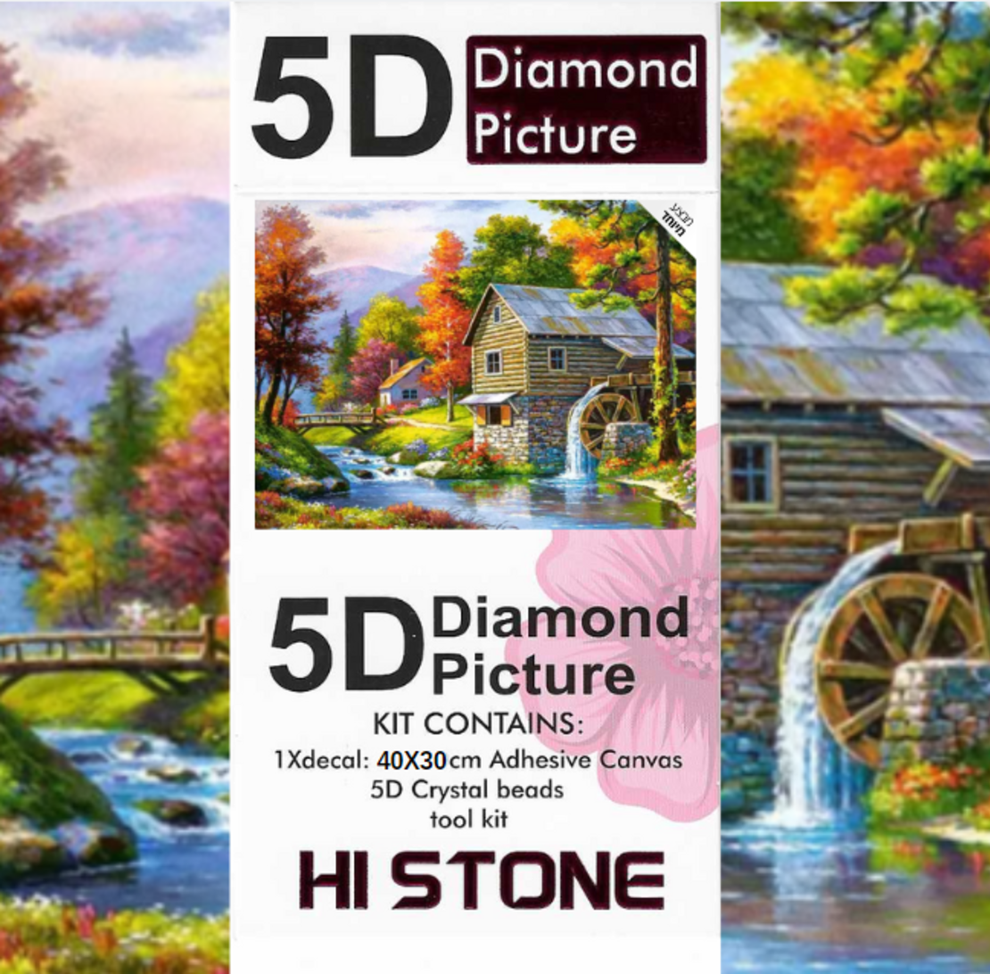 ערכת תמונת יהלומים 5D HI STONE - טחנת מים בסתיו - 30x40 ס