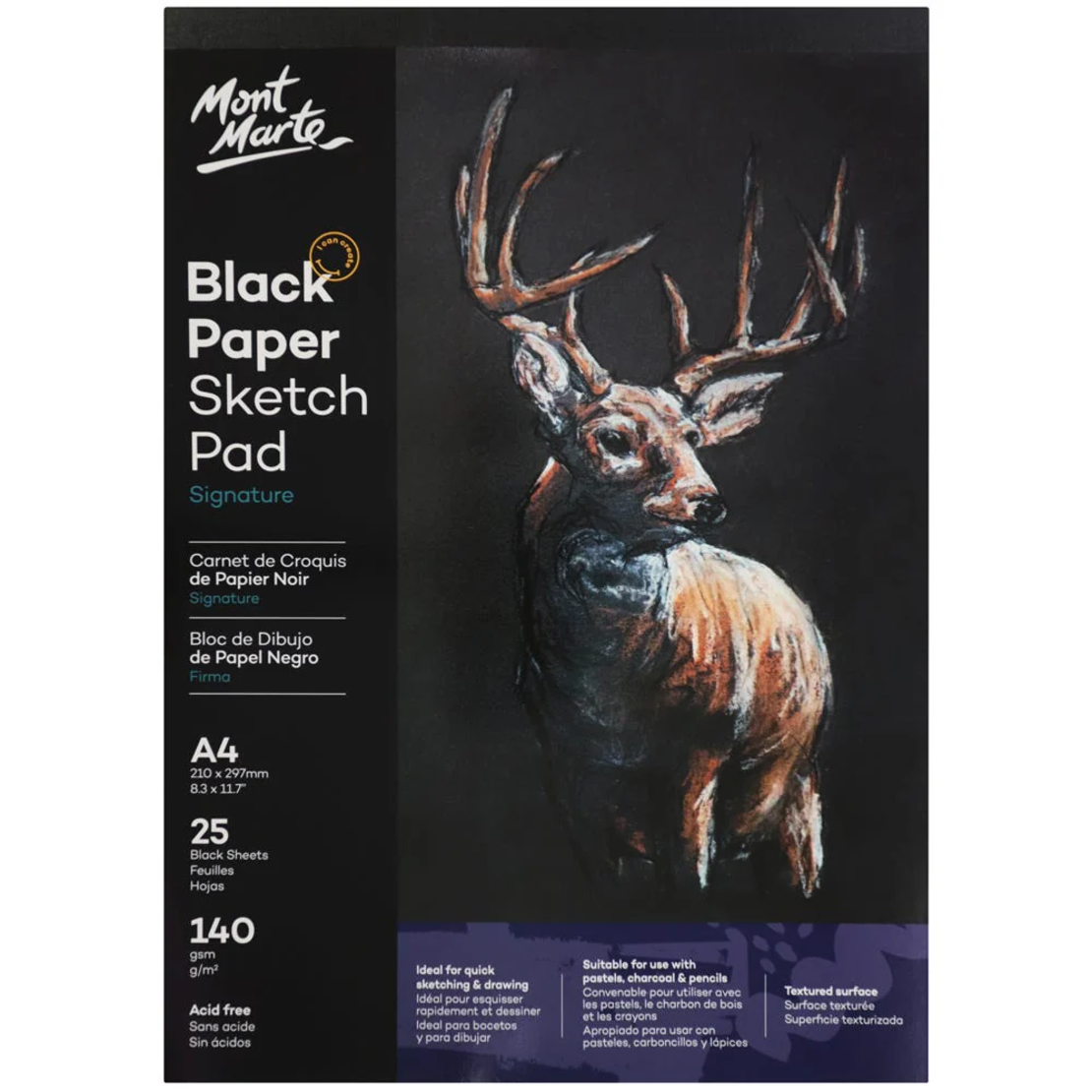 בלוק נייר סקיצה שחור 140 גרם 25 דפים Mont Marte Black Paper Sketch Pad Signature A4
