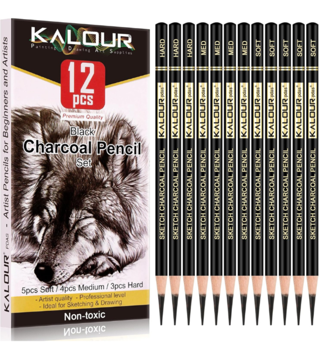 סט עפרונות פחם Kalour מקצועי לציור וסקיצה - 12 יחידות