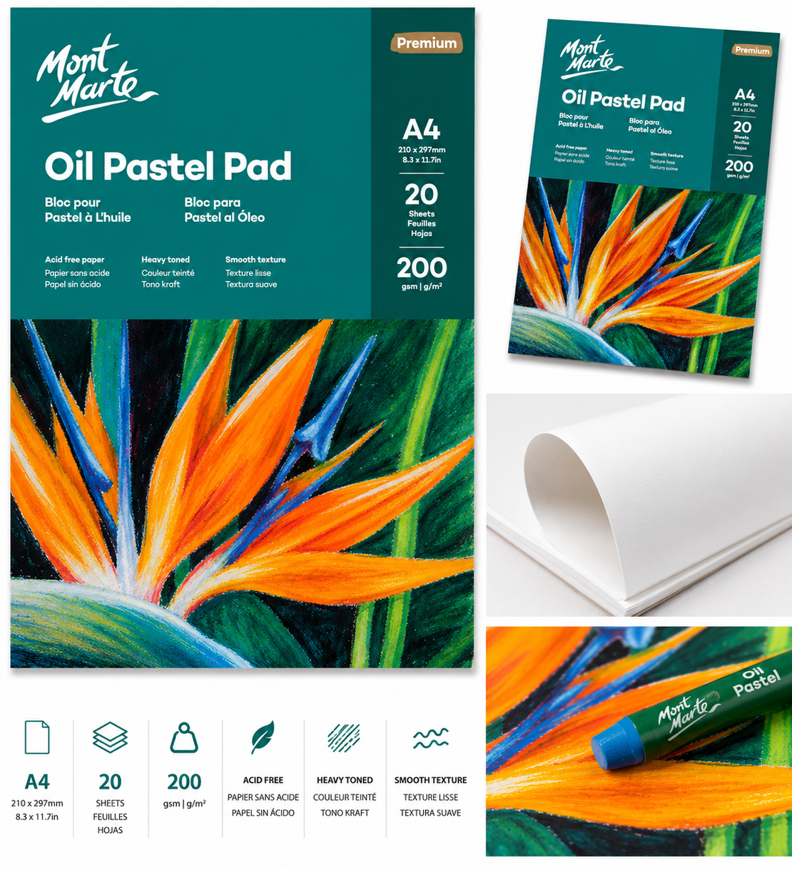 בלוק נייר לפסטל שמן 20 דפים 200 גרם Mont Marte Oil Pastel Pad Premium – A4
