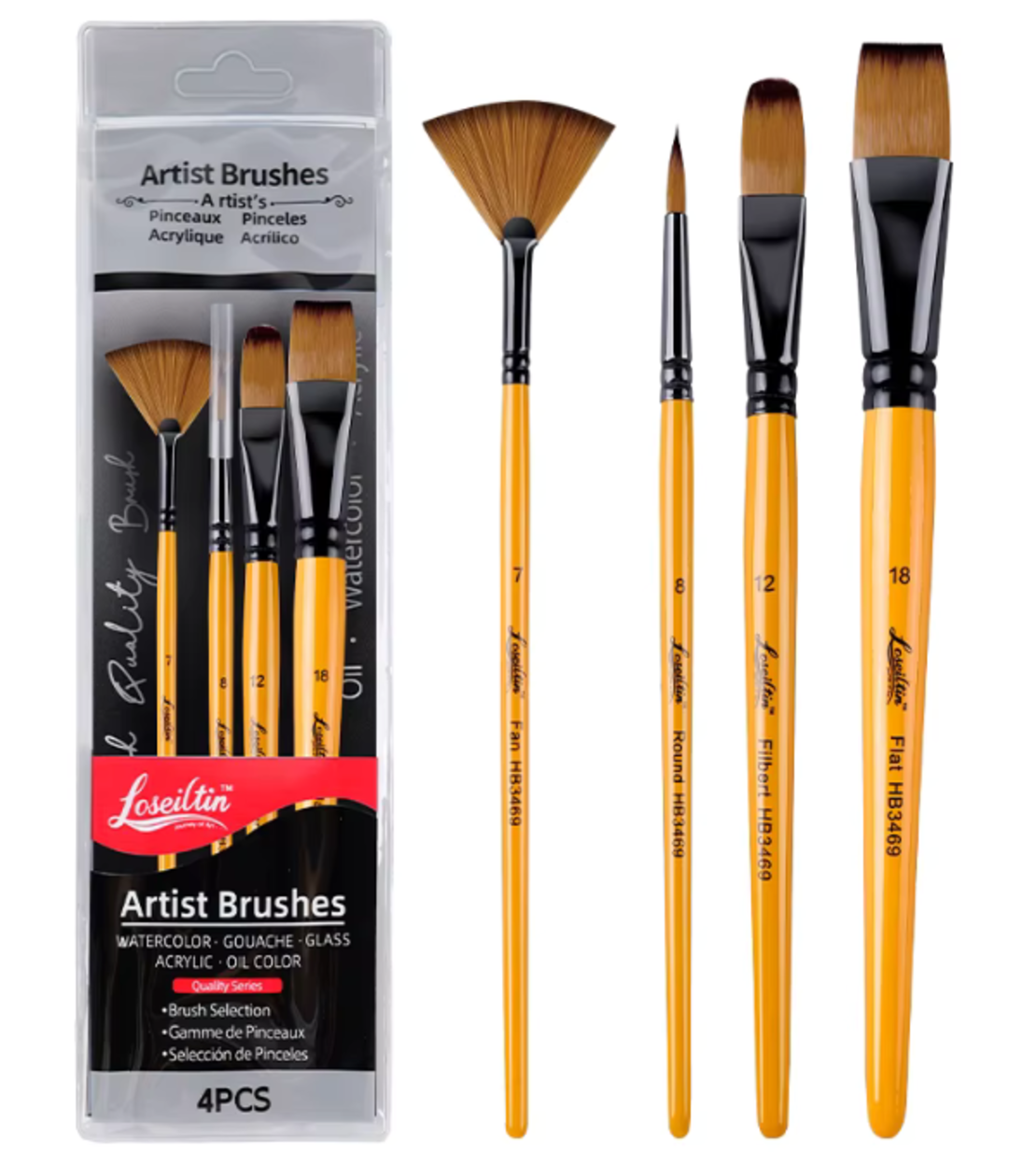 סט 4 מכחולים מקצועיים לציור מעורבים – Loseilitin Artist Mixed Brush Set