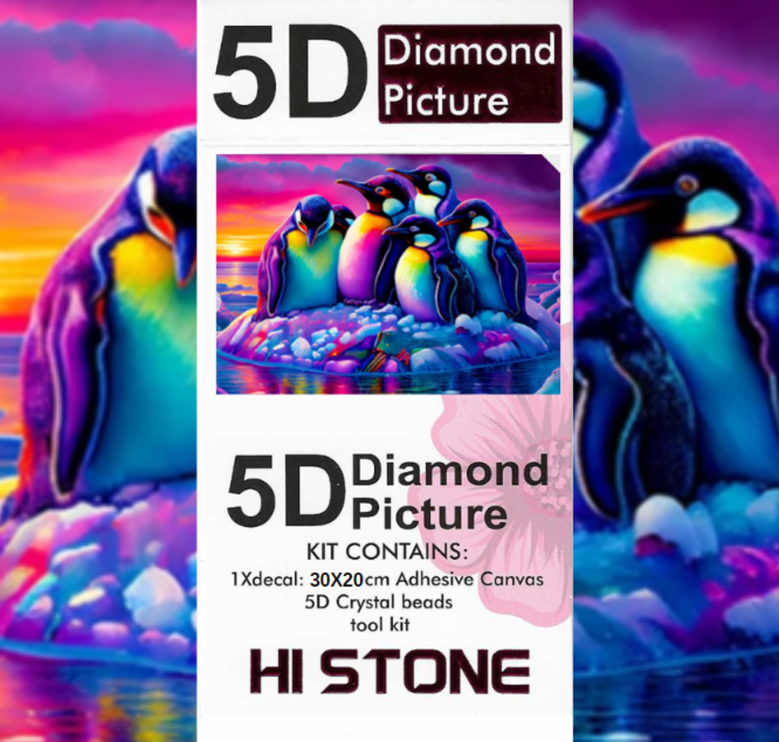 ערכת תמונת יהלומים 5D HI STONE - פינגווינים בשקיעה על קרחון - 30x20 ס