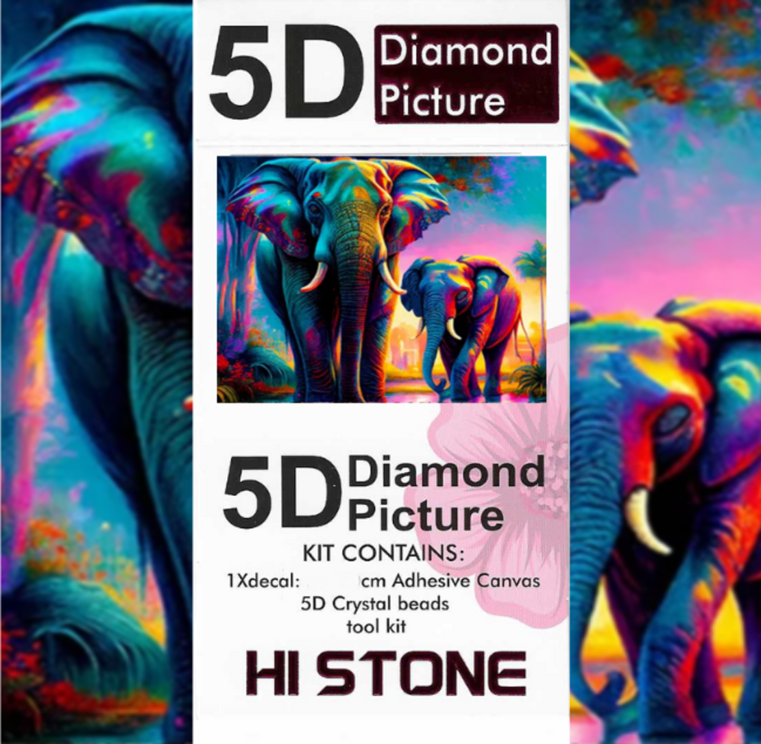 ערכת תמונת יהלומים 5D HI STONE - פילים צבעוניים בשקיעה - 30x20 ס