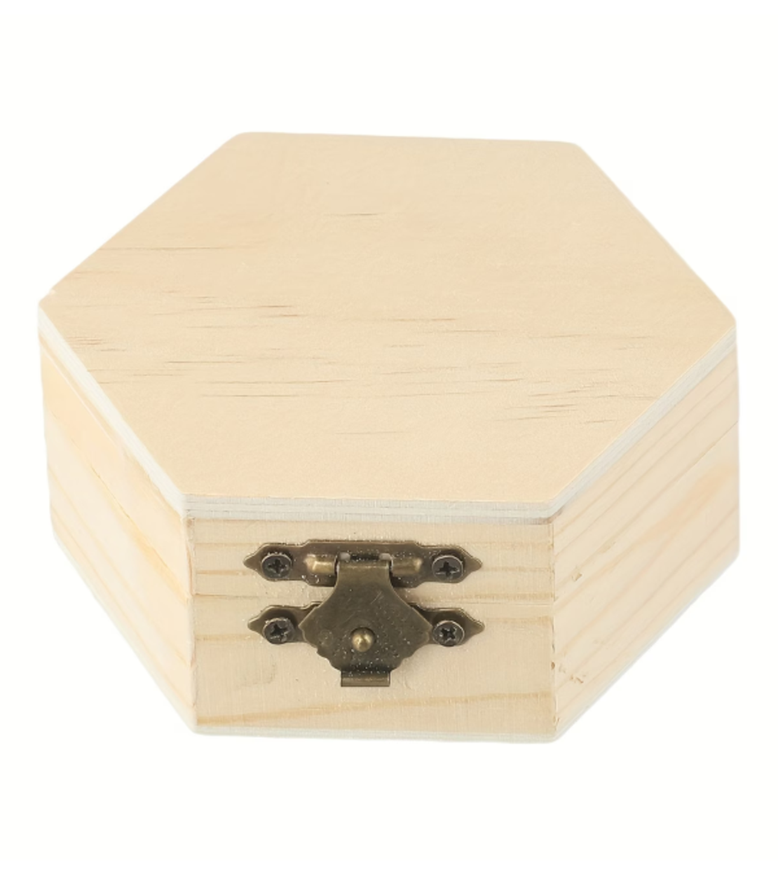 קופסת עץ משושה עם סגירת מתכת – 9×8×4 ס