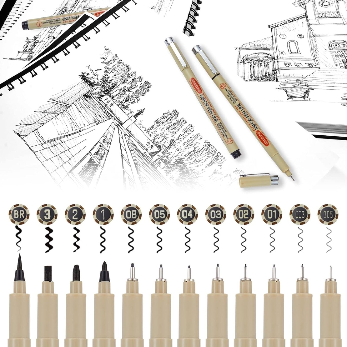 סט 12 עטי פיינליינר שחור Mipor Pen Line