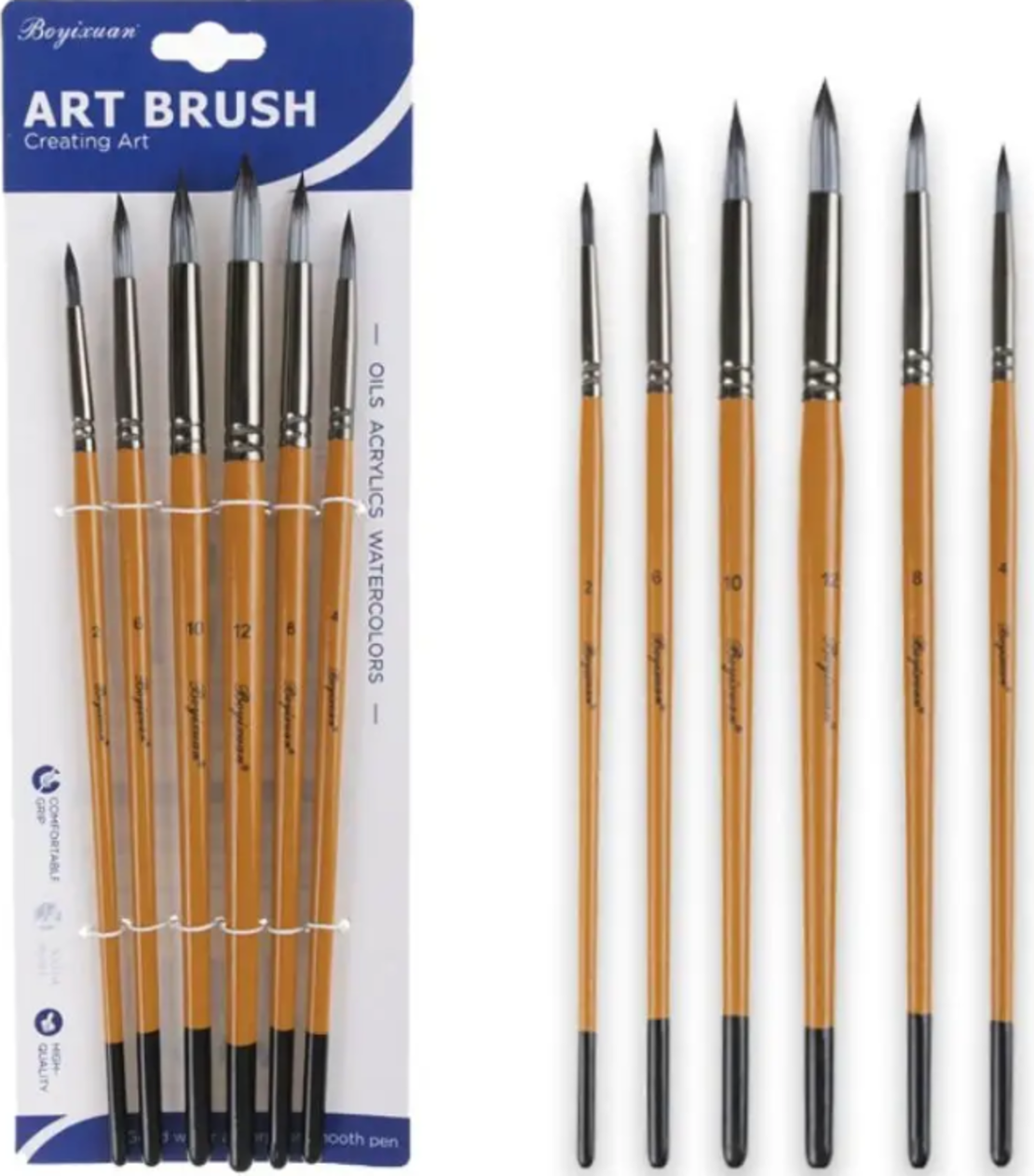סט 6 מכחולים עגולים מקצועי ידית עץ מסדרת ART BRUSH