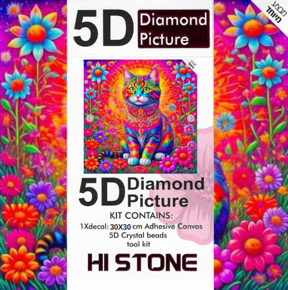 ערכת תמונת יהלומים 5D HI STONE - חתול צבעוני בין פרחים - 30x30 ס
