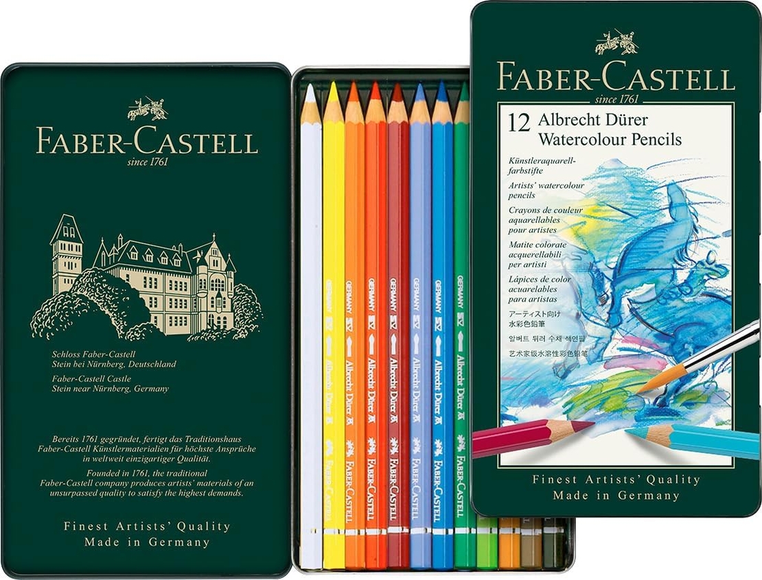 סט עפרונות צבעי מים קופסת פח – 12 עפרונות Faber-Castell Albrecht Dürer