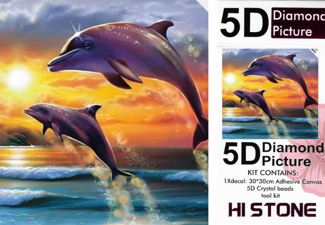 ערכת תמונת יהלומים 5D HI STONE - דולפינים בשקיעה - 30x30 ס