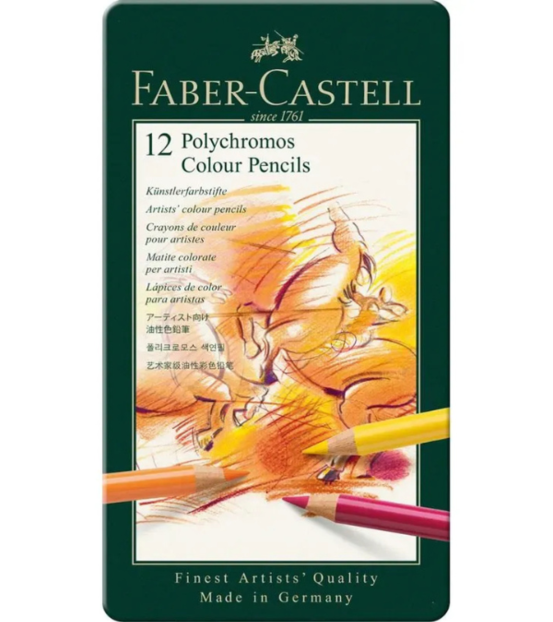 סט עפרונות צבע על בסיס שמן קופסת פח – 12 עפרונות Faber-Castell Polychromos