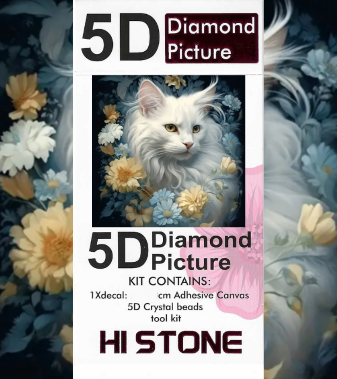 ערכת תמונת יהלומים 5D HI STONE -חתול לבן ופרחים - 20x20 ס
