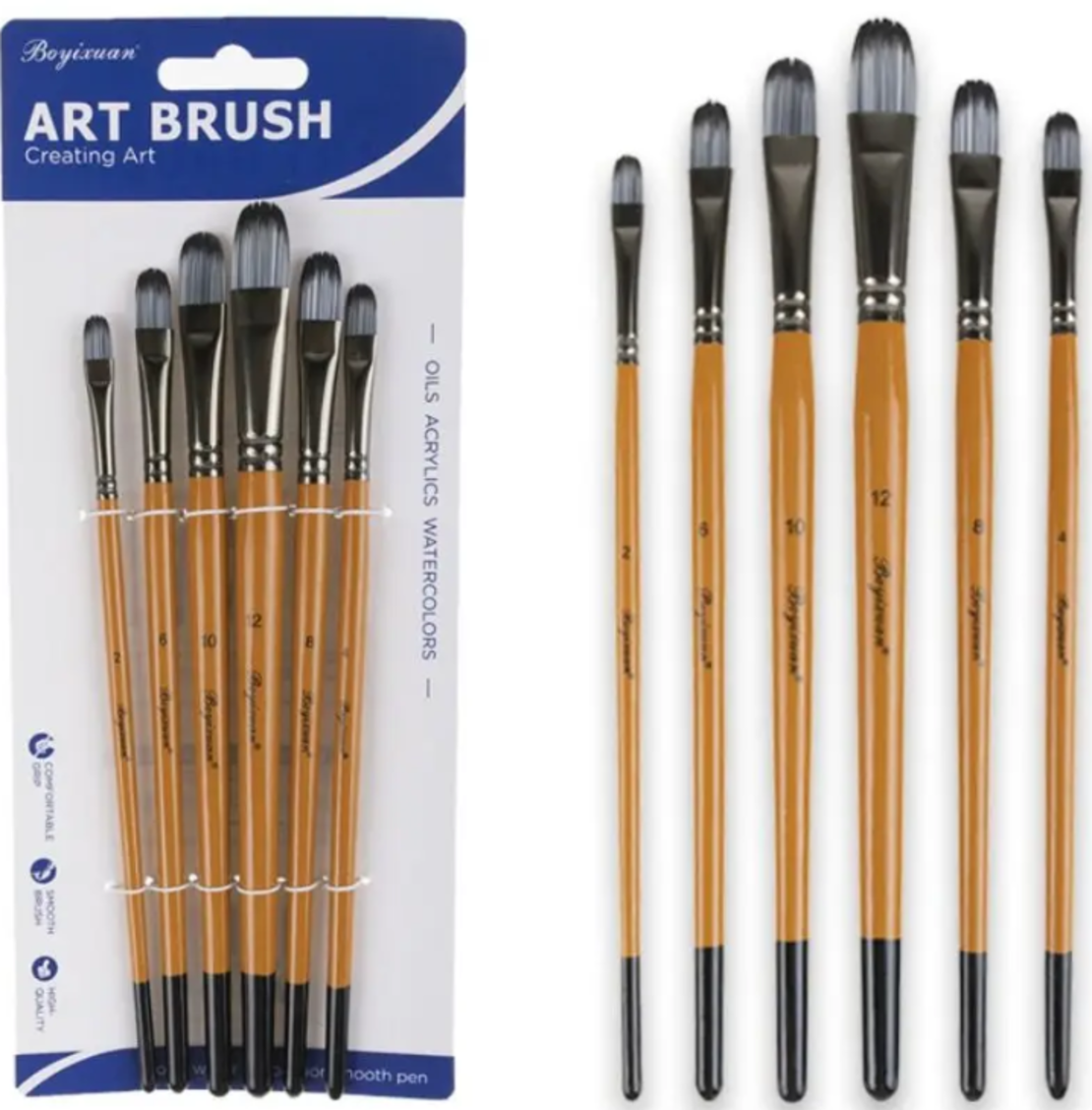 סט 6 מכחולים ראש פילברט מקצועי ידית עץ מסדרת ART BRUSH