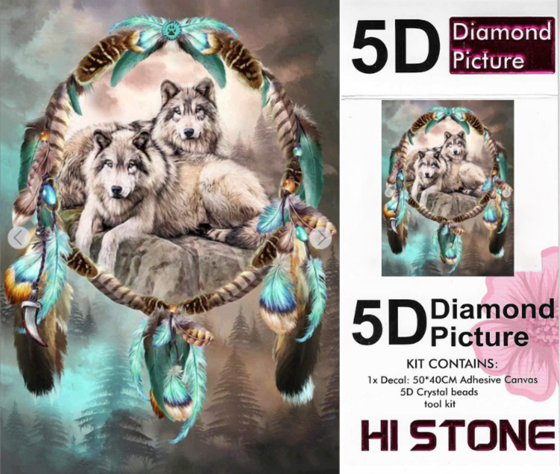 ערכת תמונת יהלומים 5D HI STONE - זאבים וחישוק נוצה -50x40 ס