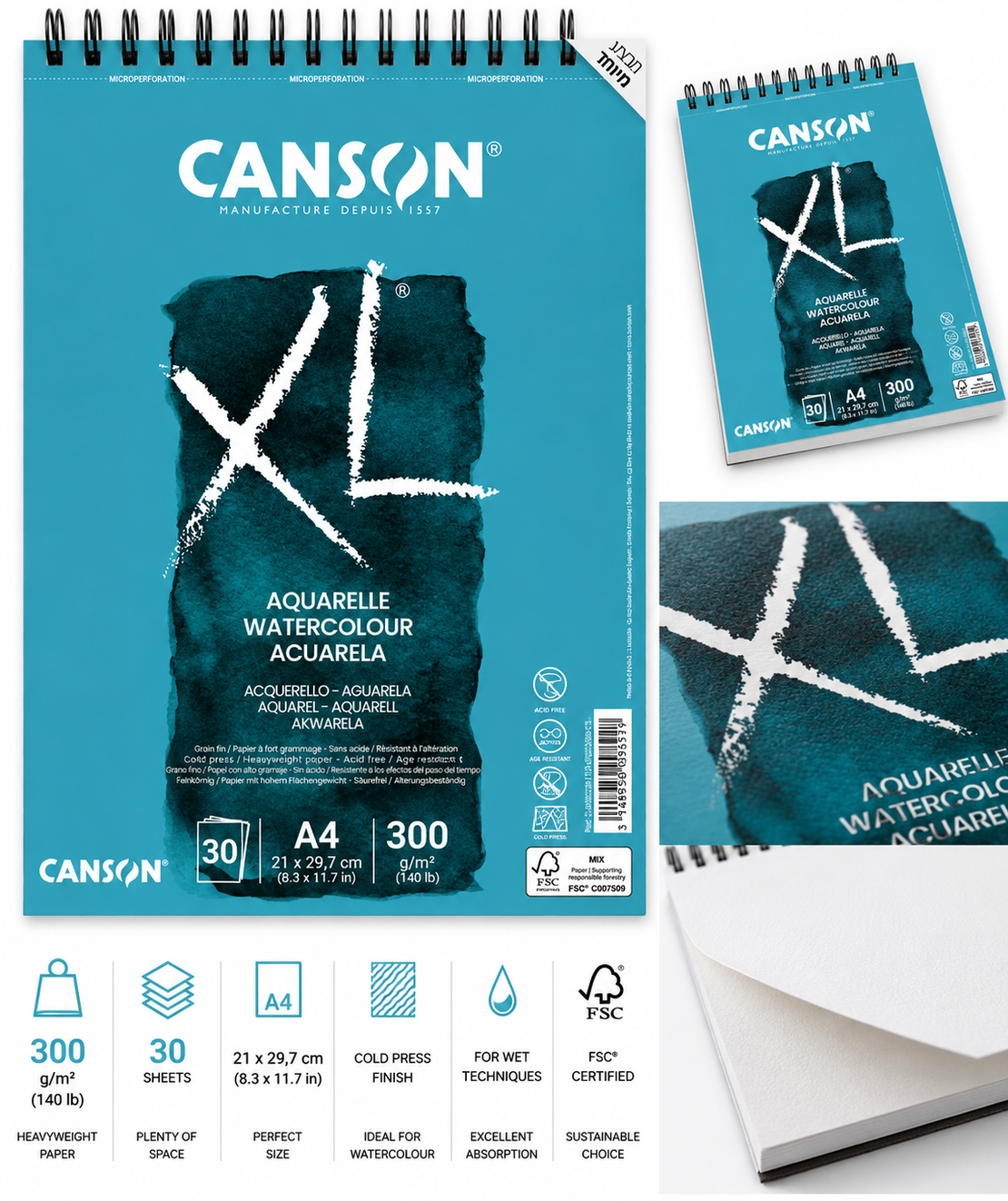 סקצ'בוק לצבעי מים 30 דפים נייר 300 גרם -Canson XL Aquarelle Watercolour A4