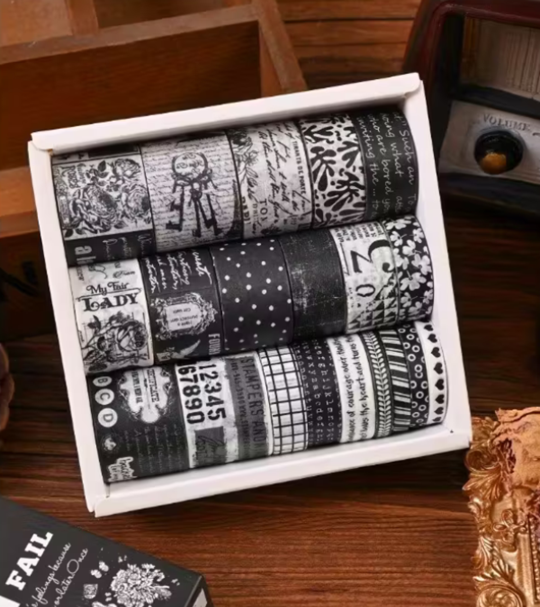 סט סרטי וושי דקורטיביים – שחור לבן וינטג' (Black & White Memory)