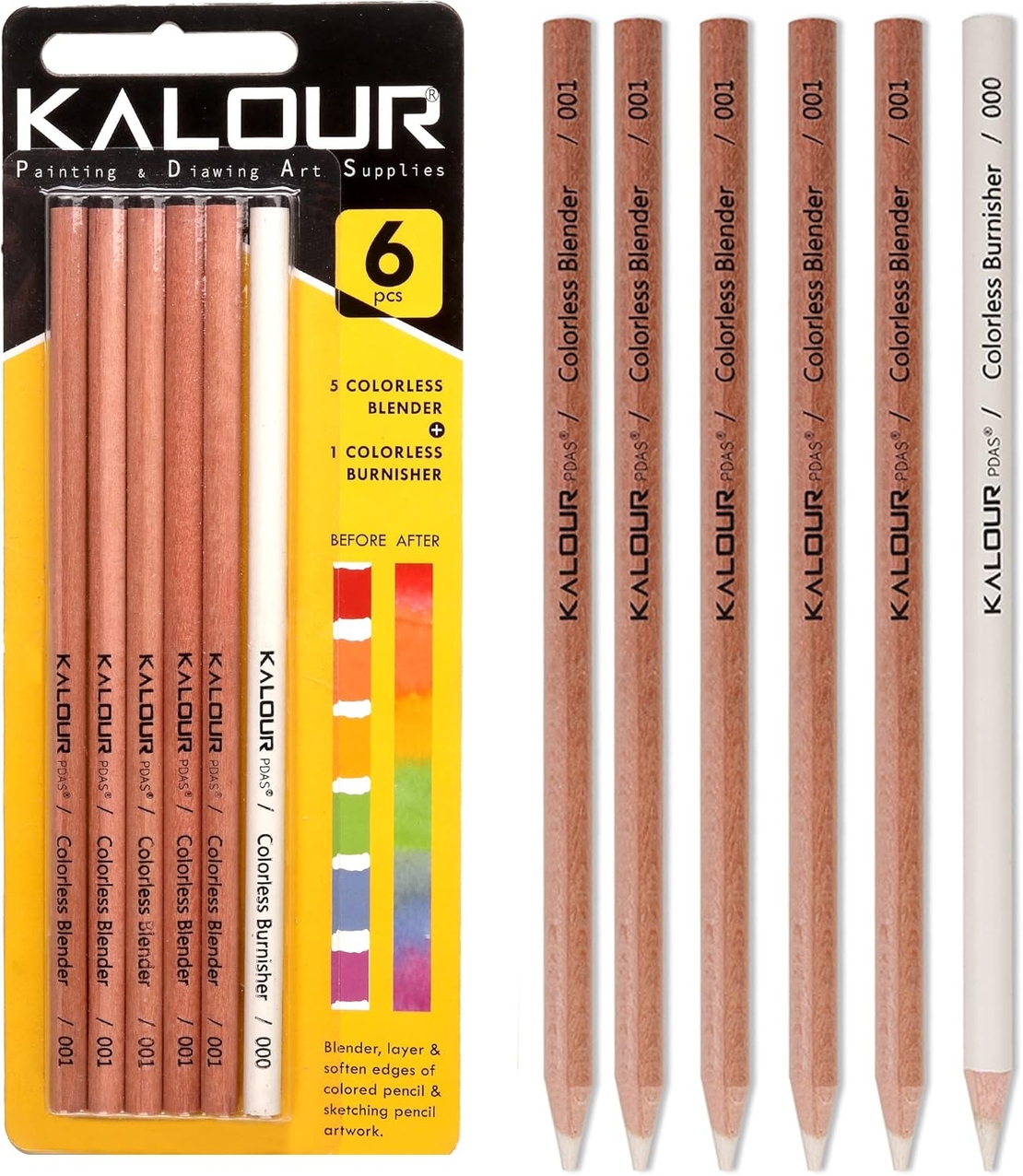 סט עפרונות ערבוב וליטוש חסרי צבע של 6 יחידות - Kalour