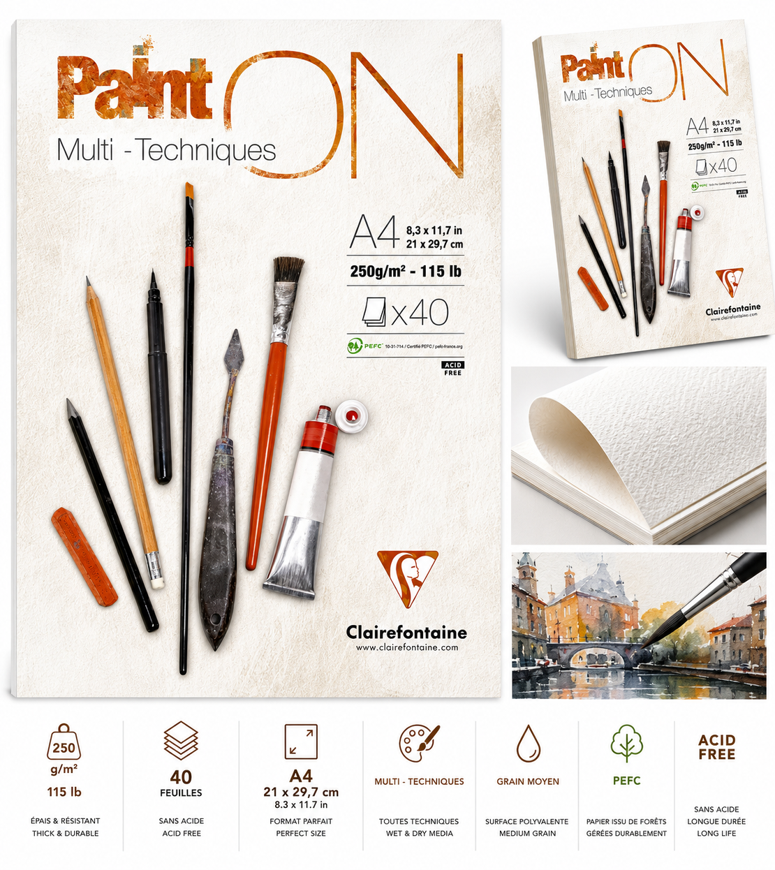 בלוק נייר רב-טכניקות 250 גרם Clairefontaine Paint ON A4