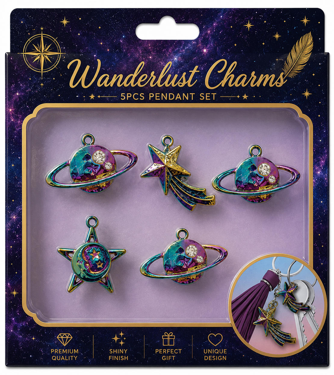 סט תליוני חלל לעיצוב ותכשיטנות – Wanderlust Space Charms 5 Pieces Pendant Set