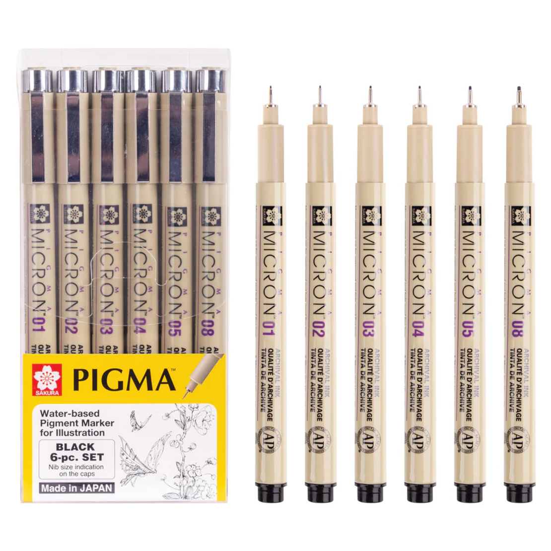 סט עטי מיקרון שחורים 6 עטים - Sakura Pigma Micron