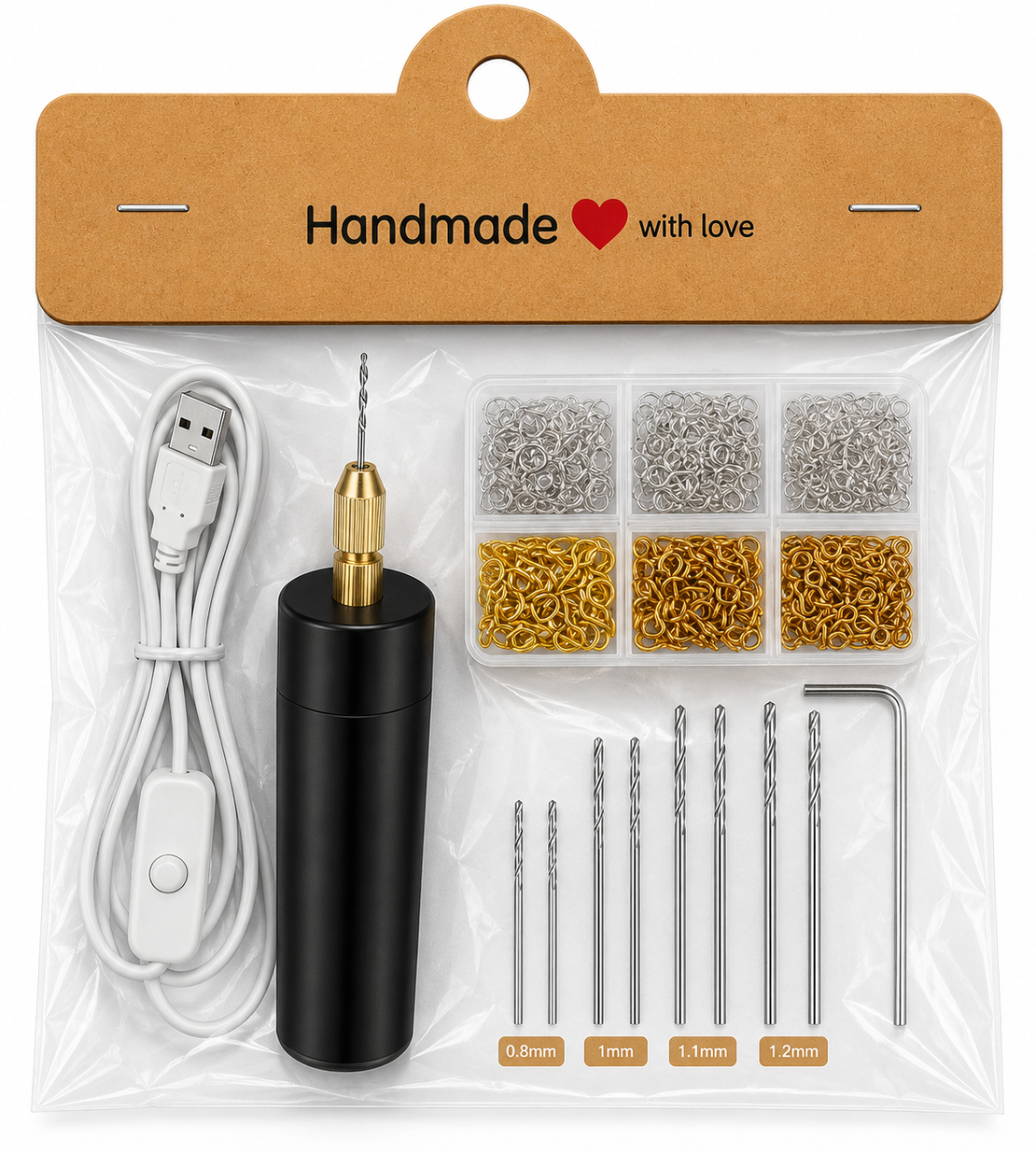 מקדח מיני USB עם סט 400 עיניות הברגה לתכשיטים ויצירה