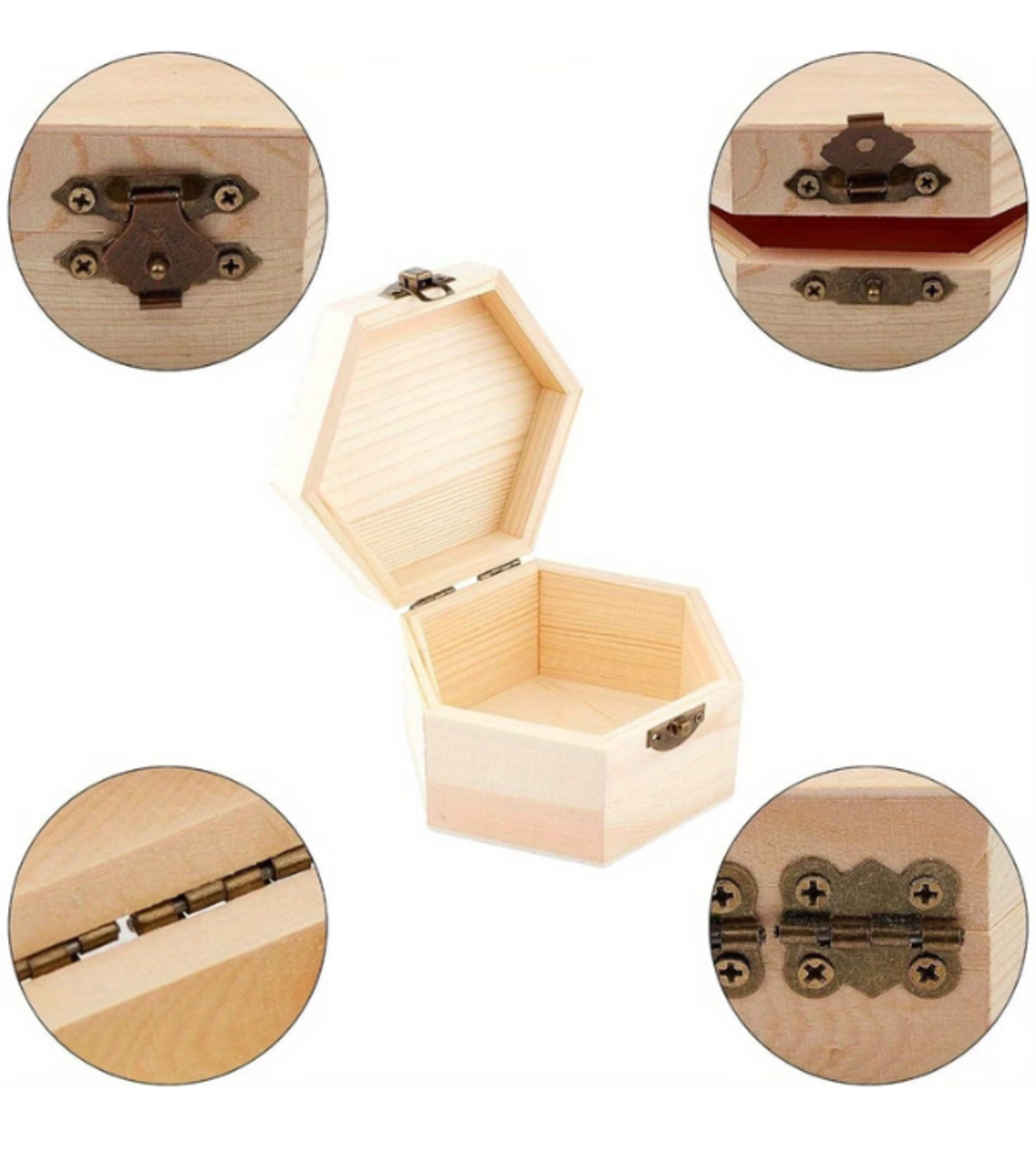 קופסת עץ משושה עם סגירת מתכת – 9×8×4 ס